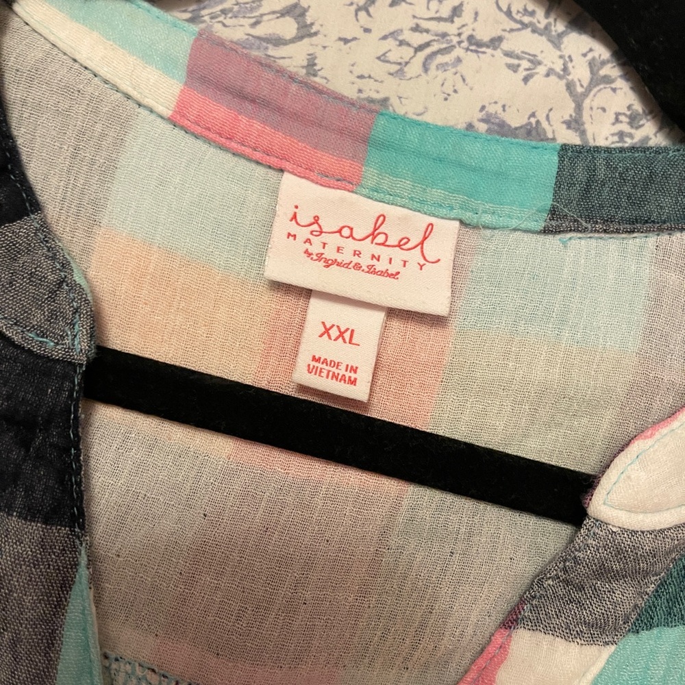 Isabel Maternity XXL Plaid Shirt Dress Aqua Coral Pink Tie-Belt - Picture 2 of 2
